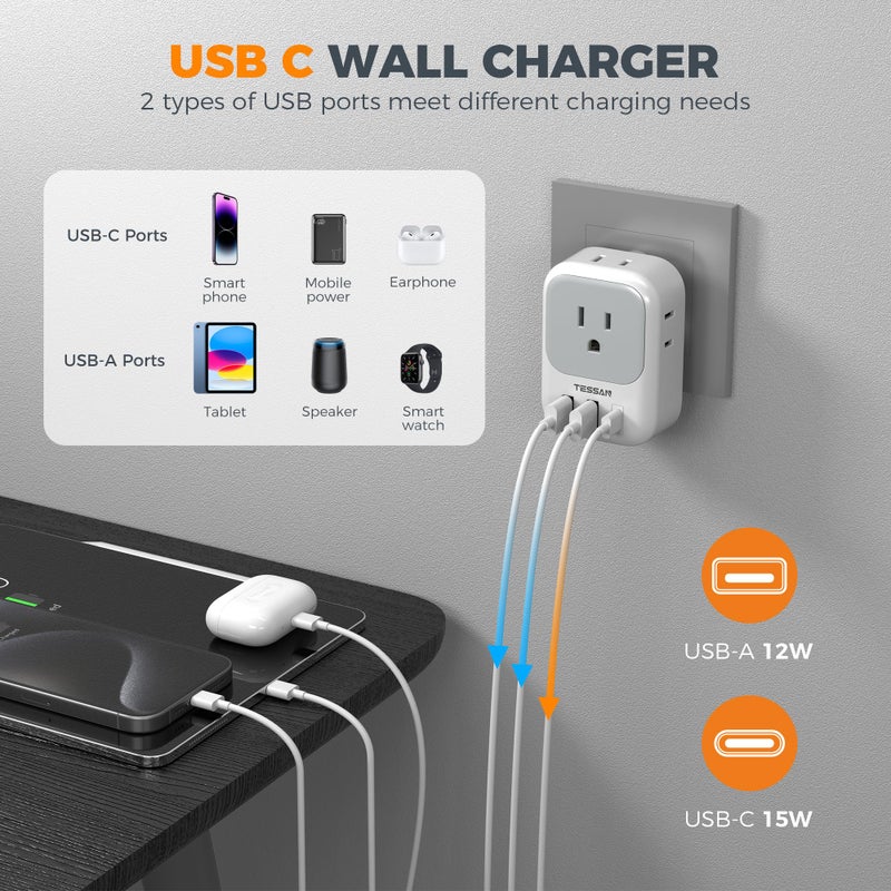 TESSAN محول كهربائي من نوع M من جنوب أفريقيا 2 حزمة، محول طاقة TESSAN مع 4 مآخذ AC و 3 منافذ USB (1 USB C)، محول سفر من الولايات المتحدة إلى بوتسوانا وناميبيا ونيبال وبهوتان - Image 4