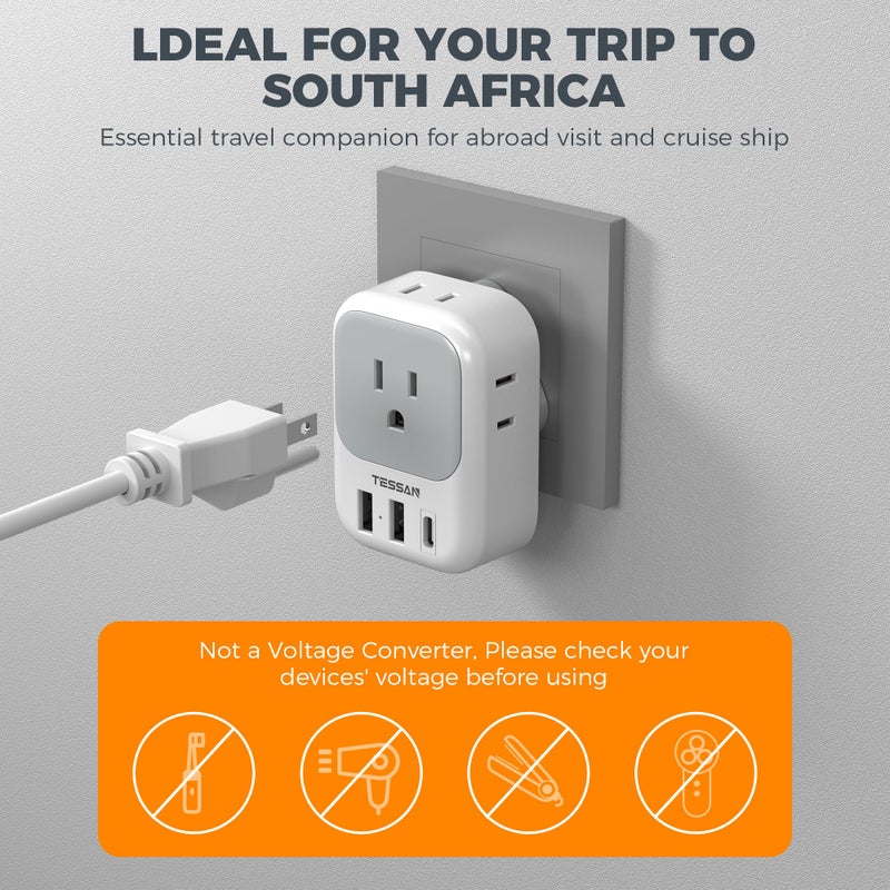 TESSAN محول كهربائي من نوع M من جنوب أفريقيا 2 حزمة، محول طاقة TESSAN مع 4 مآخذ AC و 3 منافذ USB (1 USB C)، محول سفر من الولايات المتحدة إلى بوتسوانا وناميبيا ونيبال وبهوتان - Image 5