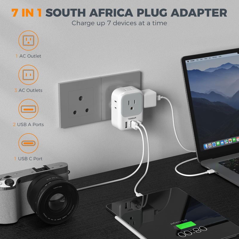 TESSAN محول كهربائي من نوع M من جنوب أفريقيا 2 حزمة، محول طاقة TESSAN مع 4 مآخذ AC و 3 منافذ USB (1 USB C)، محول سفر من الولايات المتحدة إلى بوتسوانا وناميبيا ونيبال وبهوتان - Image 3