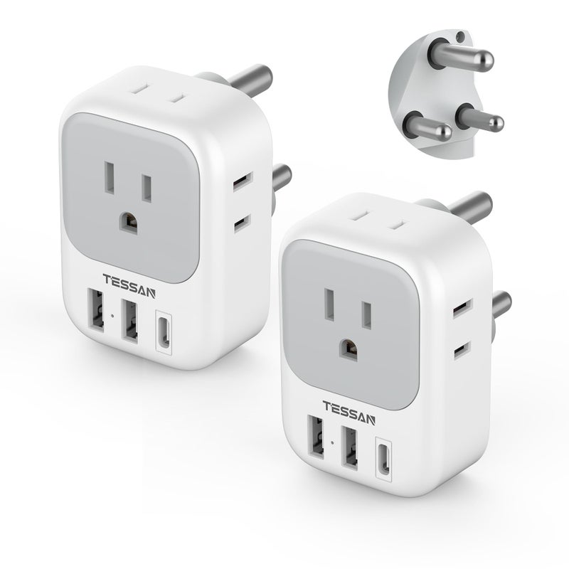 TESSAN محول كهربائي من نوع M من جنوب أفريقيا 2 حزمة، محول طاقة TESSAN مع 4 مآخذ AC و 3 منافذ USB (1 USB C)، محول سفر من الولايات المتحدة إلى بوتسوانا وناميبيا ونيبال وبهوتان - Image 1