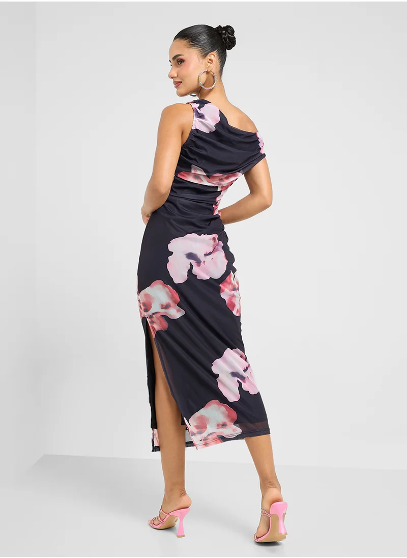 جينجر Assymetric Shoulder Floral Print Bodycon Dress