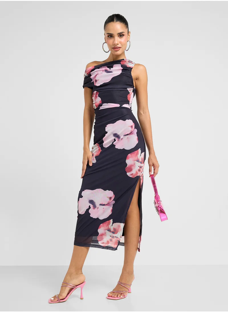 جينجر Assymetric Shoulder Floral Print Bodycon Dress