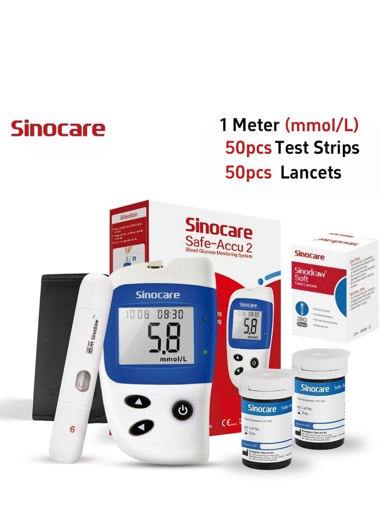 SINOCARE Blood Glucose Monitoring System With 50 Test Strips And Lancets,No coding,Rapid result,Large screen display,safe and hygienic,200 Test memory - Image 1