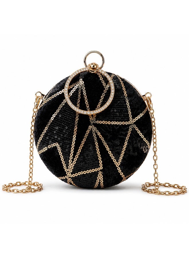JOHN PAULS Luxury Round Elor Velvet Handmade Clutch Bag with Crystal Ring Handle Elegant Sequin Evening Handbag for Women, Weddings, Parties, and Special Occasions (Black & Gold) - Image 1