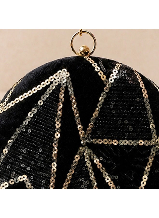 JOHN PAULS Luxury Round Elor Velvet Handmade Clutch Bag with Crystal Ring Handle Elegant Sequin Evening Handbag for Women, Weddings, Parties, and Special Occasions (Black & Gold) - Image 5