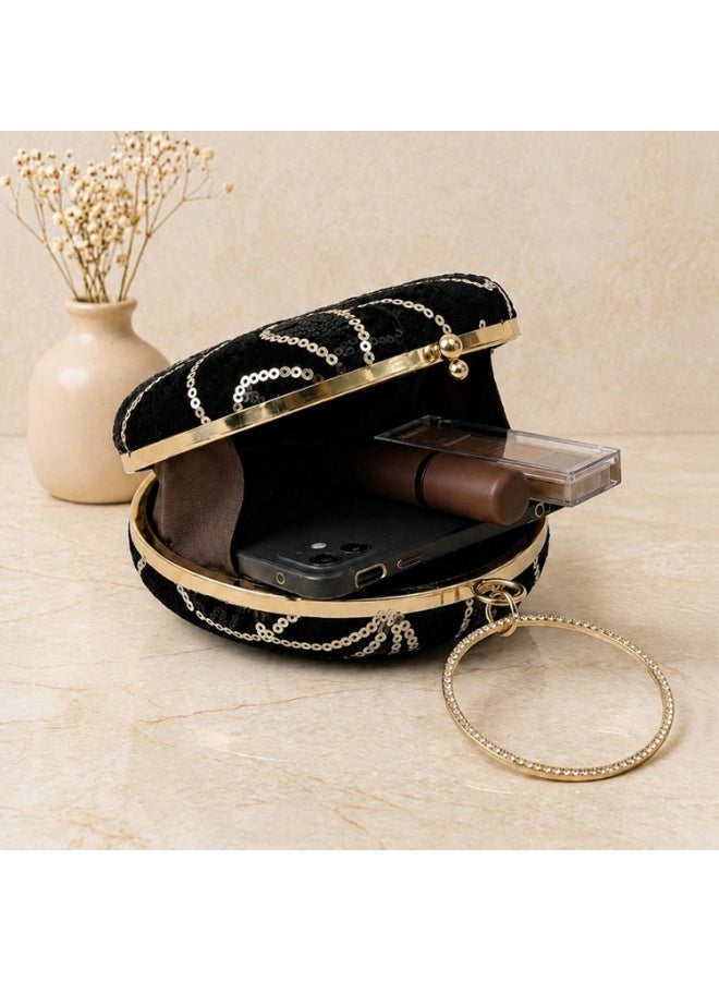JOHN PAULS Luxury Round Elor Velvet Handmade Clutch Bag with Crystal Ring Handle Elegant Sequin Evening Handbag for Women, Weddings, Parties, and Special Occasions (Black & Gold) - Image 2