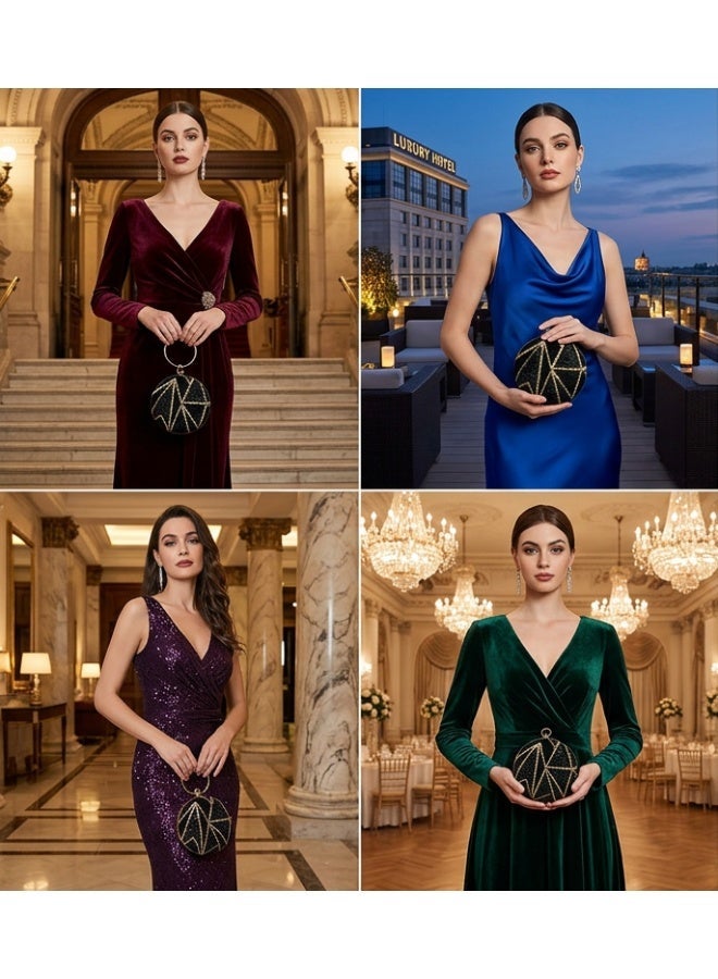 JOHN PAULS Luxury Round Elor Velvet Handmade Clutch Bag with Crystal Ring Handle Elegant Sequin Evening Handbag for Women, Weddings, Parties, and Special Occasions (Black & Gold) - Image 3