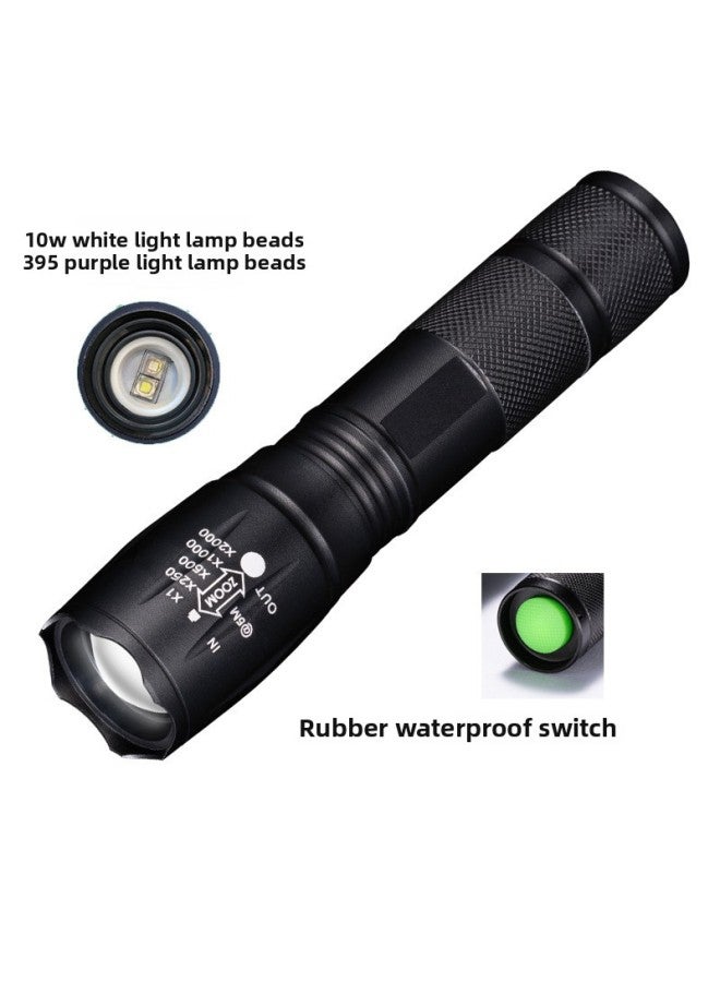 Aluminum Alloy Strong Light T6 Flashlight Jade Special Purple Light Detector Lamp 395 Ultraviolet Flashlight-Product Specifications:Dual Light Source  + 18650 Battery + Charger  - Image 4