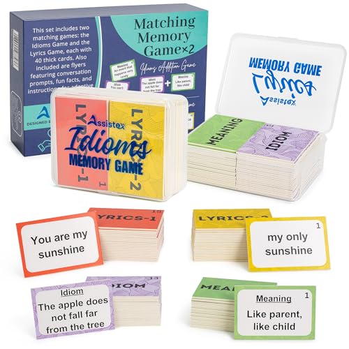 Assistex 2 in 1 Matching Memory Card Games for Seniors Brain Game for Dementia Patients Adult Memory Game for Seniors Lyric and Idiom Cards for Alzheimer and Dementia Patients 40 Cards Each - Image 1