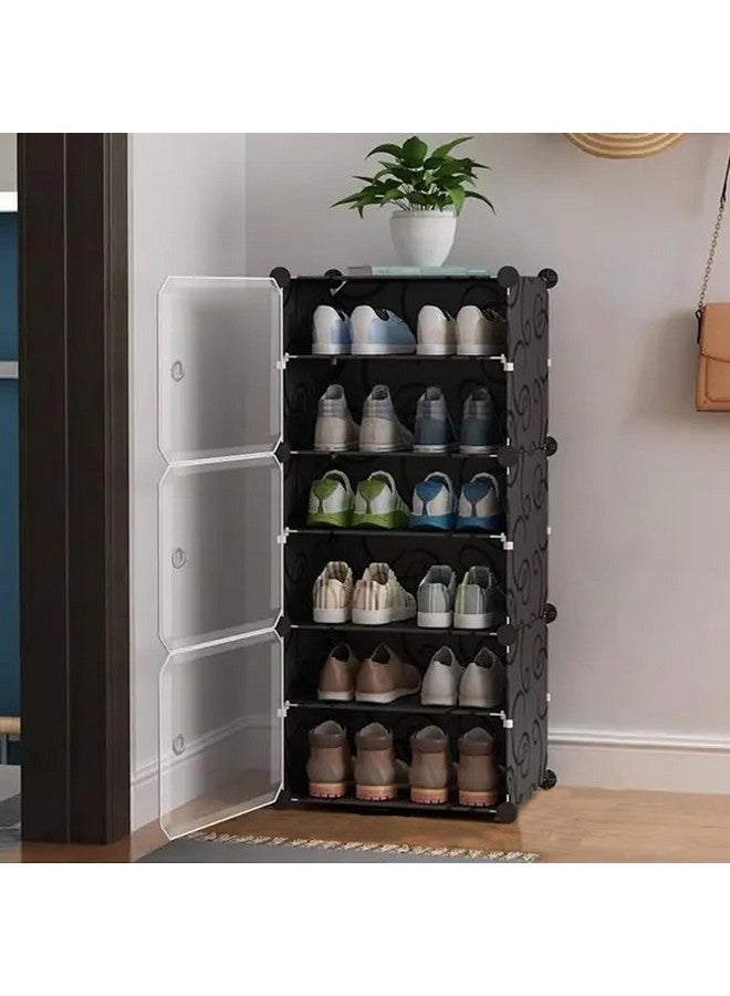 AYSIS Portable Shoe Rack for Home Plastic Shelves Household, DIY Shoe Rack with Door for Heels/Shoes for Entryway,Hallway,Bedroom (Black, 6-SHELF-3-DOOR) - Image 1