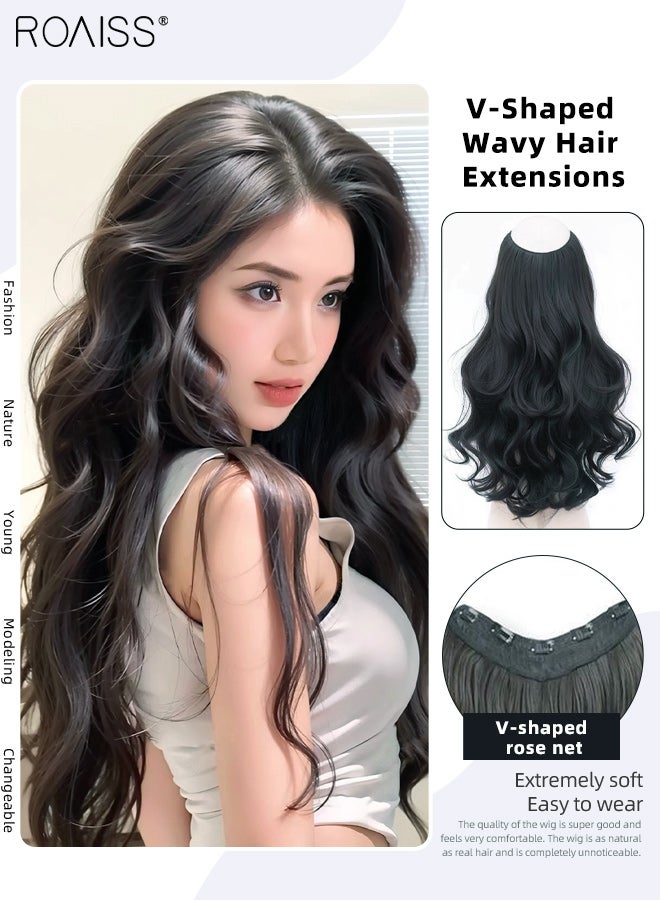 roaiss V-Shaped Long Wavy Hair Invisible Clip-in Extension, One Piece Hair Extension Wig with 5 Clips, Heat Resistant Synthetic Hairpiece for Women , Increase Hair Volume Natural Black, 60cm (23.62 inches) - Image 1