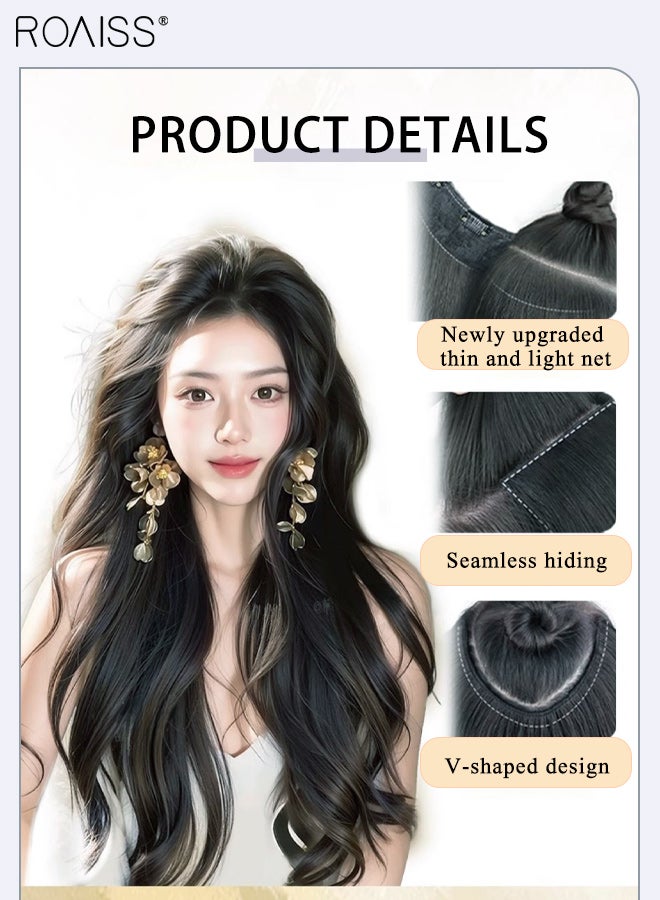 roaiss V-Shaped Long Wavy Hair Invisible Clip-in Extension, One Piece Hair Extension Wig with 5 Clips, Heat Resistant Synthetic Hairpiece for Women , Increase Hair Volume Natural Black, 60cm (23.62 inches) - Image 2
