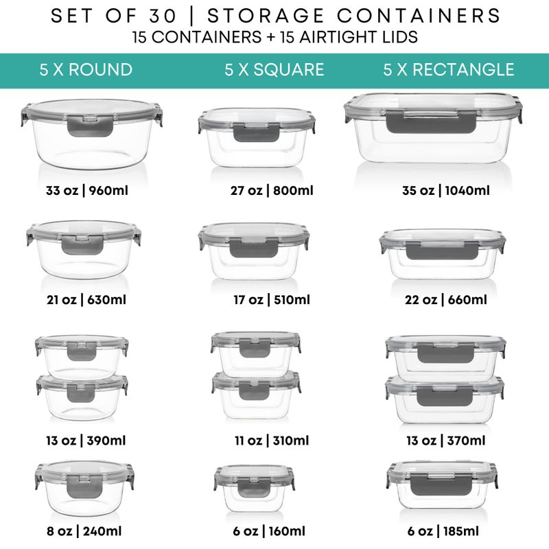 Razab 30 PC Glass Food Storage Containers with Lids - Reusable Glass Meal Prep Containers for Lunch & Leftovers - Airtight & Leakproof Snap Locking Lids - Oven, Freezer, Microwave & Dishwasher Safe - Image 2