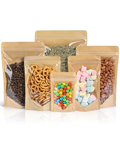 FireKylin 100 PCS Stand Up Pouches39 x 59 Paper Bags With Window Clear Front Pouches Resealable Zipper Food Storage Brown - Image 1
