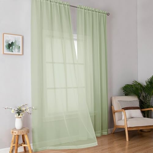 OWENIE Sheer Curtains 84 inches Long 2 Panels Set for Bedroom Living Room, Soft Solid Living Room Rod Pocket Light Filtering Curtains, 2 Pcs Each 42“ W x 84" L, Light Green - Image 2