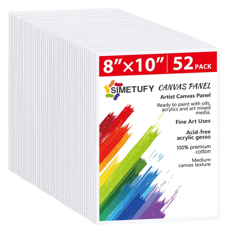 Simetufy Canvas Boards for Painting 52 Pack 8 x 10 Inch Blank Flat Canvas Panels 100% Cotton Pre-Primed for Acrylic & Oil Paint, Art Supplies for Kids & Adults - Image 1