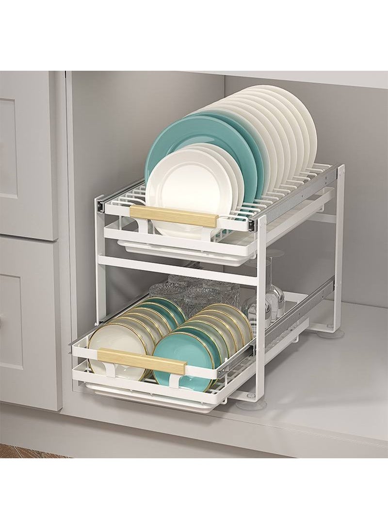 2-Tier Pull-Out Dish Rack with Wooden Handle – Kitchen Cabinet Organizer - Image 4