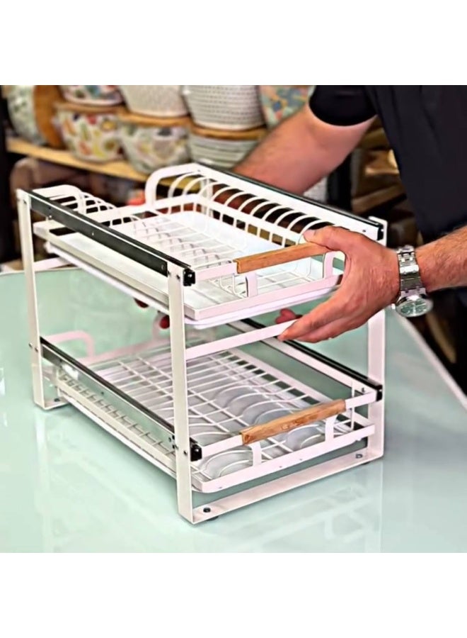 2-Tier Pull-Out Dish Rack with Wooden Handle – Kitchen Cabinet Organizer - Image 1