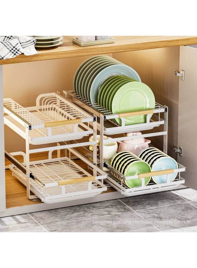 2-Tier Pull-Out Dish Rack with Wooden Handle – Kitchen Cabinet Organizer - Image 2