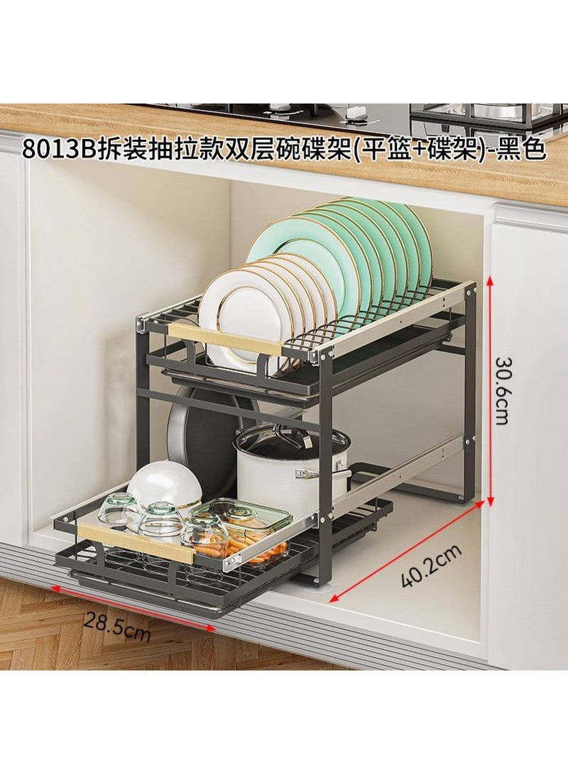 2-Tier Pull-Out Dish Rack with Wooden Handle – Kitchen Cabinet Organizer - Image 3