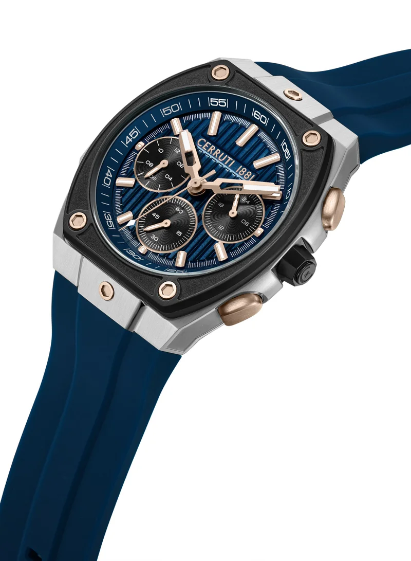 CERRUTI 1881 Cavedago Dark Blue Black Dial Silicone Strap Chronograph Watch For Men, 42.75mm