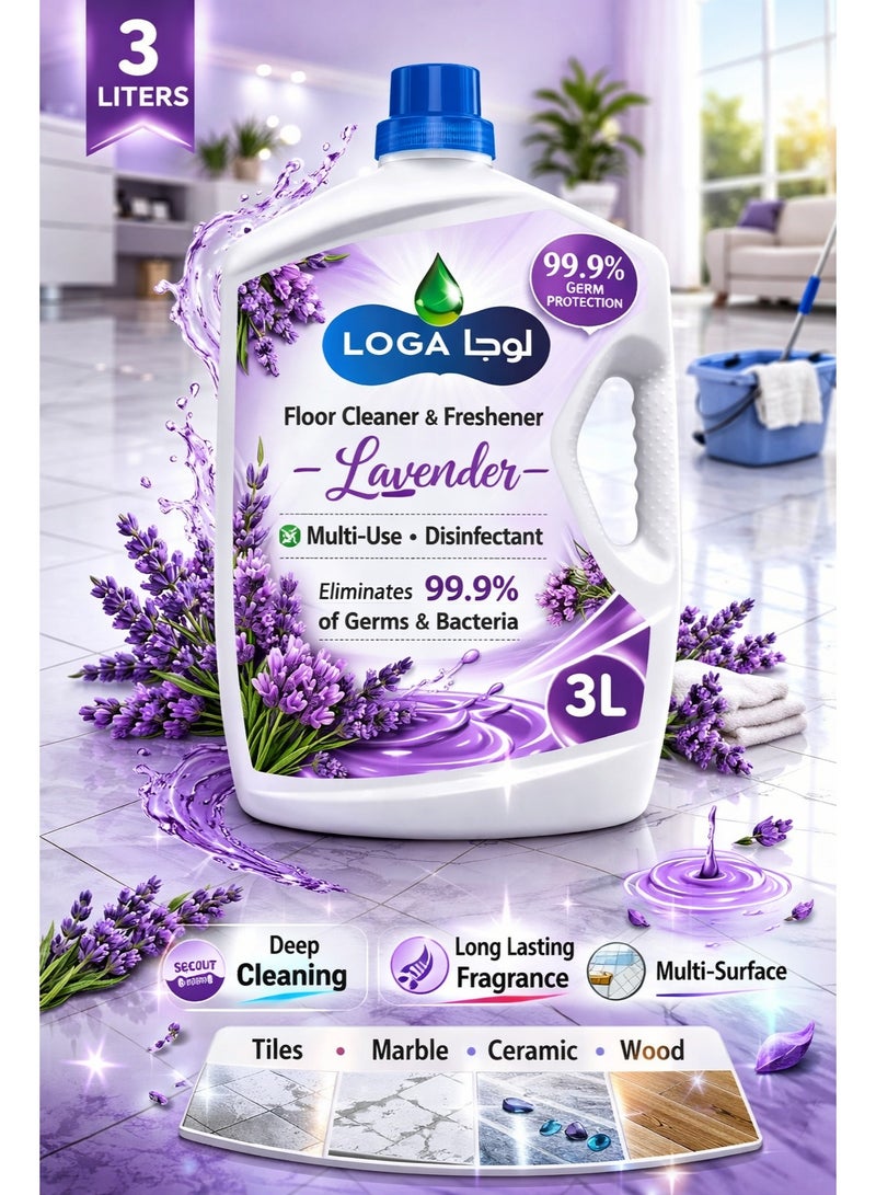 LOGA Floor Cleaner & Freshener 3 Liters – Lavender Scent, 99.9% Germ Protection, Multi-Use Disinfectant for Tiles, Marble & Wood