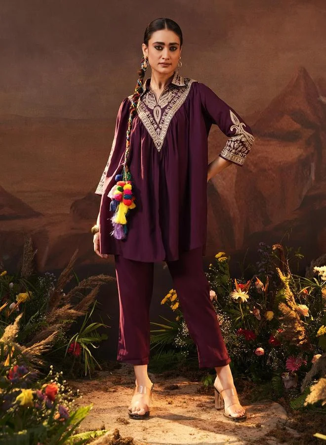 آي شين Women's Burgundy Viscose Silk Embellished Tunic Top With Ankle Palazzo Flared 2 Peice Kurta Set