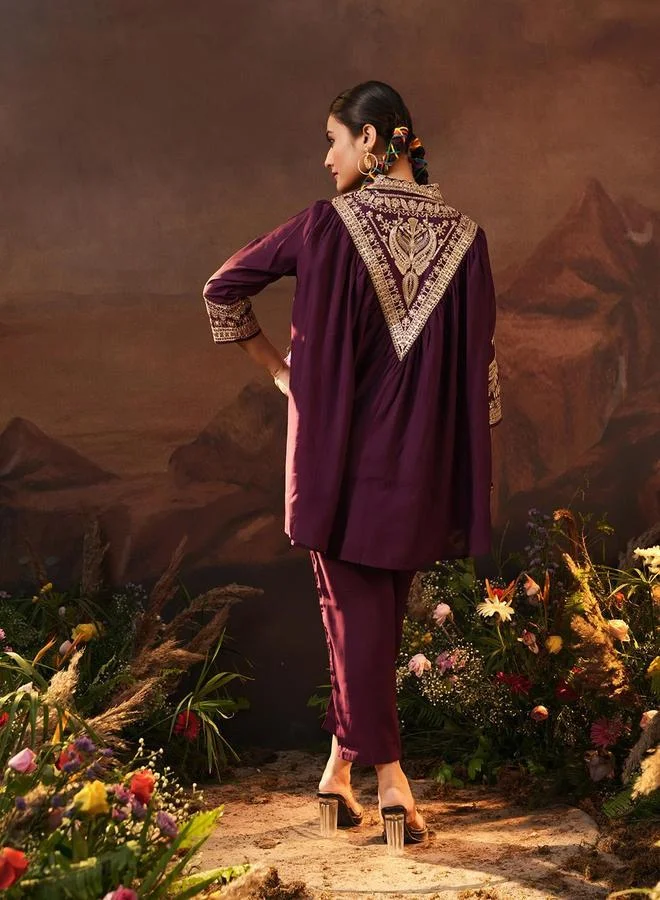 آي شين Women's Burgundy Viscose Silk Embellished Tunic Top With Ankle Palazzo Flared 2 Peice Kurta Set