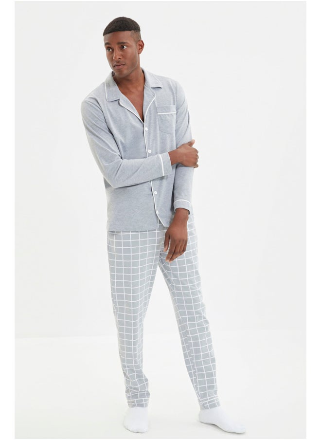 trendyol - Gray Men's Regular Fit Top Piping Detailed Knitted Pajamas Set - Image 1