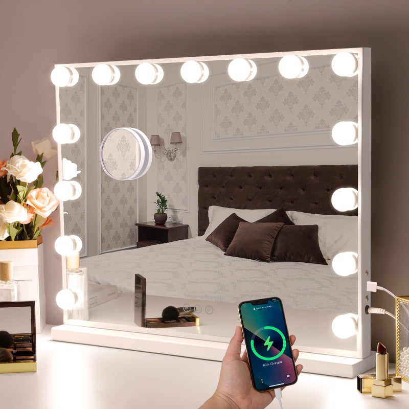 Hansong Vanity Mirror with Lights: Hollywood Lighted Makeup Mirror with 15 LED Bulbs, 22.8''x18'' Light Up Mirror with 3 Colors Modes for Desk, Large Mirrors with USB Charging Port for Bedroom, White - Image 1
