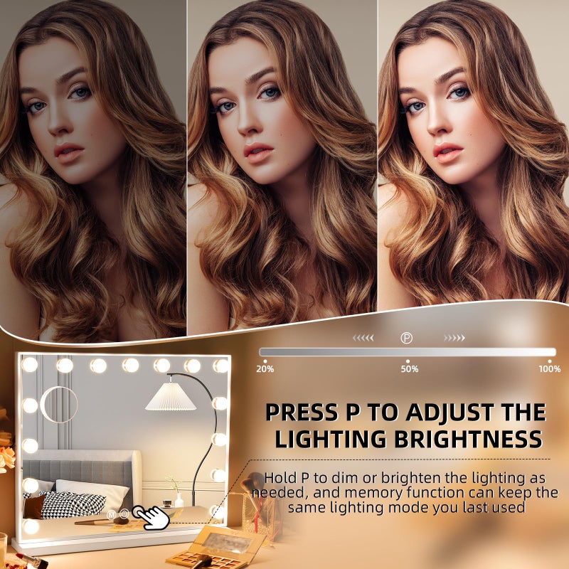 Hansong Vanity Mirror with Lights: Hollywood Lighted Makeup Mirror with 15 LED Bulbs, 22.8''x18'' Light Up Mirror with 3 Colors Modes for Desk, Large Mirrors with USB Charging Port for Bedroom, White - Image 5