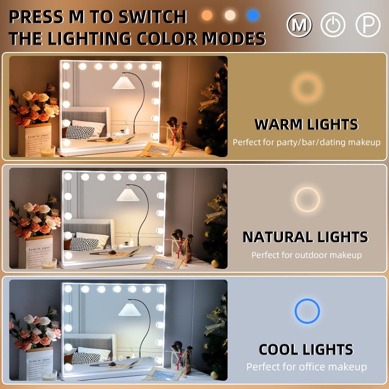 Hansong Vanity Mirror with Lights: Hollywood Lighted Makeup Mirror with 15 LED Bulbs, 22.8''x18'' Light Up Mirror with 3 Colors Modes for Desk, Large Mirrors with USB Charging Port for Bedroom, White - Image 3