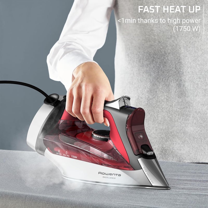 Rowenta Iron, Focus Excellence Stainless Steel Soleplate Steam Iron for Clothes, Retractable Cord, 400+ Microsteam Holes, Powerful steam, LED Display, 1750 W Ironing Clothes, Cordreel, Red DW5433 - Image 4