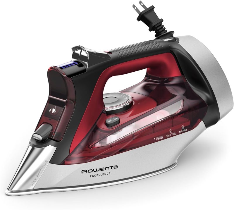 Rowenta Iron, Focus Excellence Stainless Steel Soleplate Steam Iron for Clothes, Retractable Cord, 400+ Microsteam Holes, Powerful steam, LED Display, 1750 W Ironing Clothes, Cordreel, Red DW5433 - Image 1