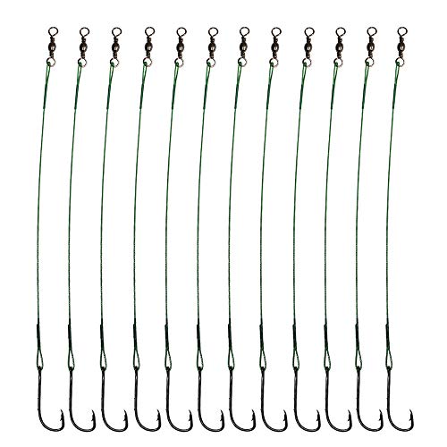 Laxygo 20pcs Wire Leader Hook Rigs Baitholder Fishing Hook Nylon Coated Fishing Wire Leader with Swivel (10inch Green, 1/0-20pcs) - Image 1