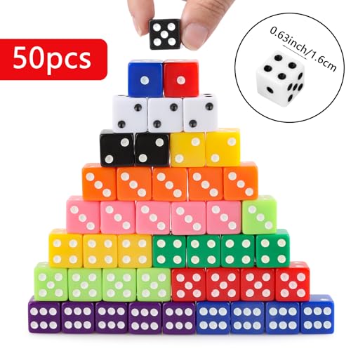 Hxezoc 50 Pieces Colored Dice Set 16mm Standard Game Dices Acrylic 6 Sided Colorful Bulk Casino Dice for Casino Theme Party Board Games Vegas Birthday Party Supplies Square Corner - Image 5