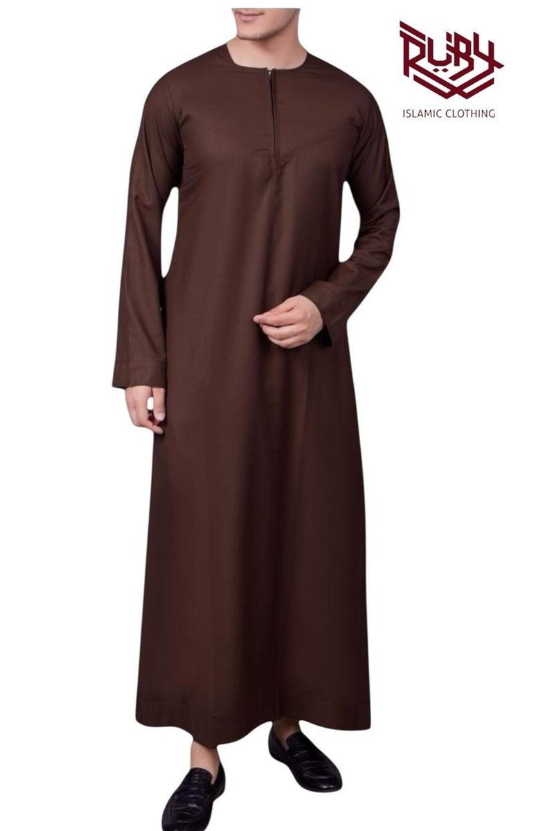 RUBY ISLAMIC CLOTHING Essential Brown Thobe  jubba kandura dishdasha for men – Emirati Style with Front Zip - Image 1