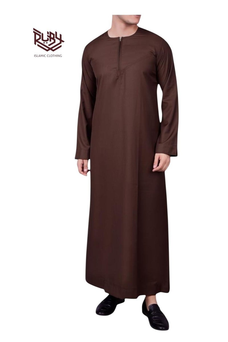 RUBY ISLAMIC CLOTHING Essential Brown Thobe  jubba kandura dishdasha for men – Emirati Style with Front Zip - Image 2