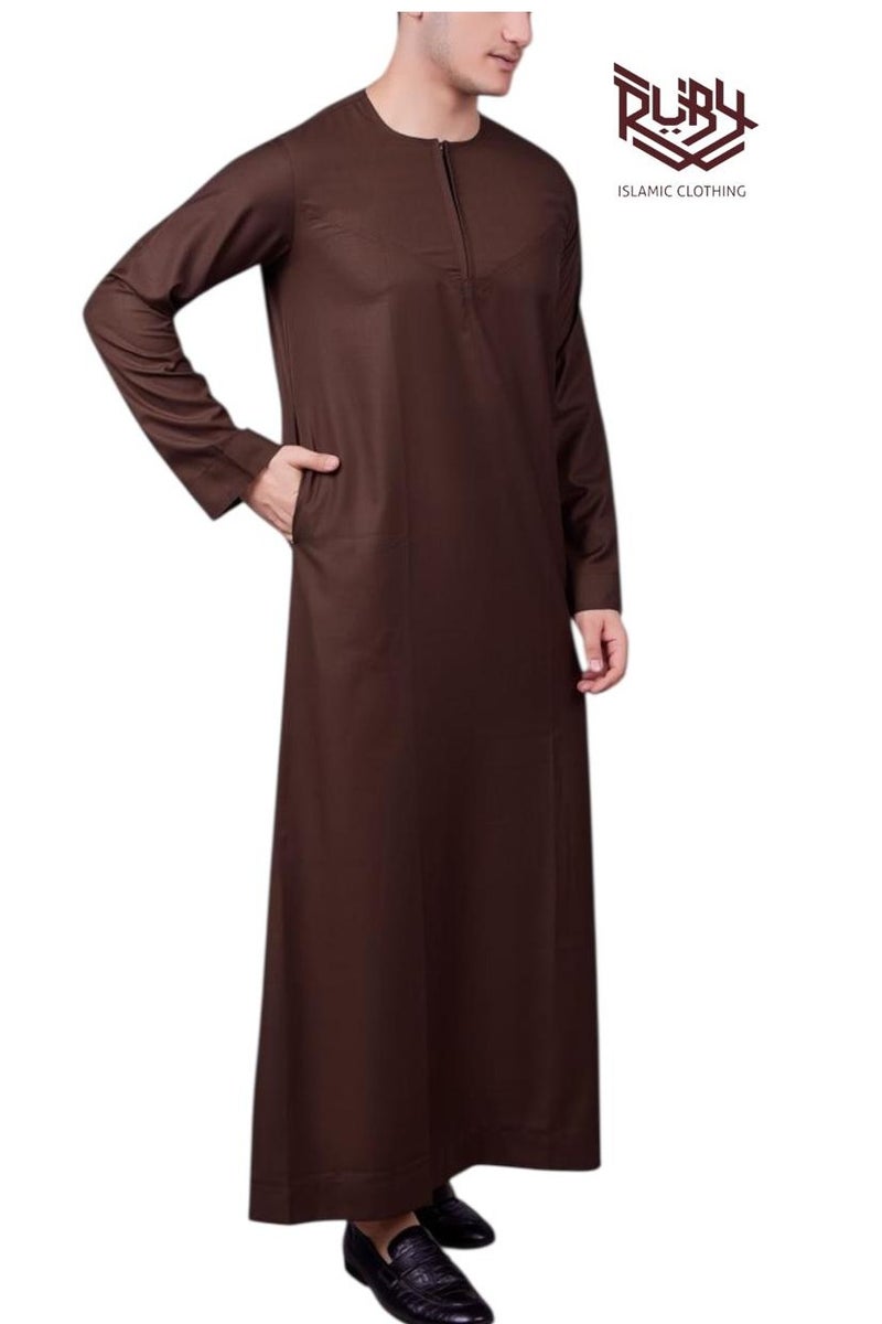 RUBY ISLAMIC CLOTHING Essential Brown Thobe  jubba kandura dishdasha for men – Emirati Style with Front Zip - Image 3
