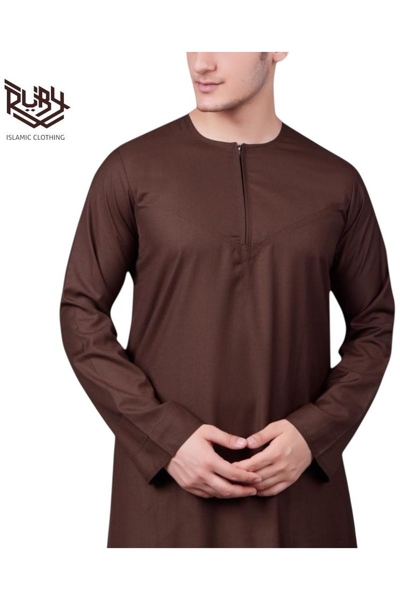 RUBY ISLAMIC CLOTHING Essential Brown Thobe  jubba kandura dishdasha for men – Emirati Style with Front Zip - Image 4