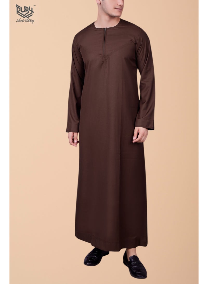 روبي للملابس الإسلامية كندورة إماراتية بني كلاسيكية ثوب جبّة دِشداشة بسحاب - Image 1