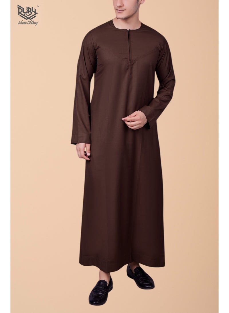 روبي للملابس الإسلامية كندورة إماراتية بني كلاسيكية ثوب جبّة دِشداشة بسحاب - Image 2