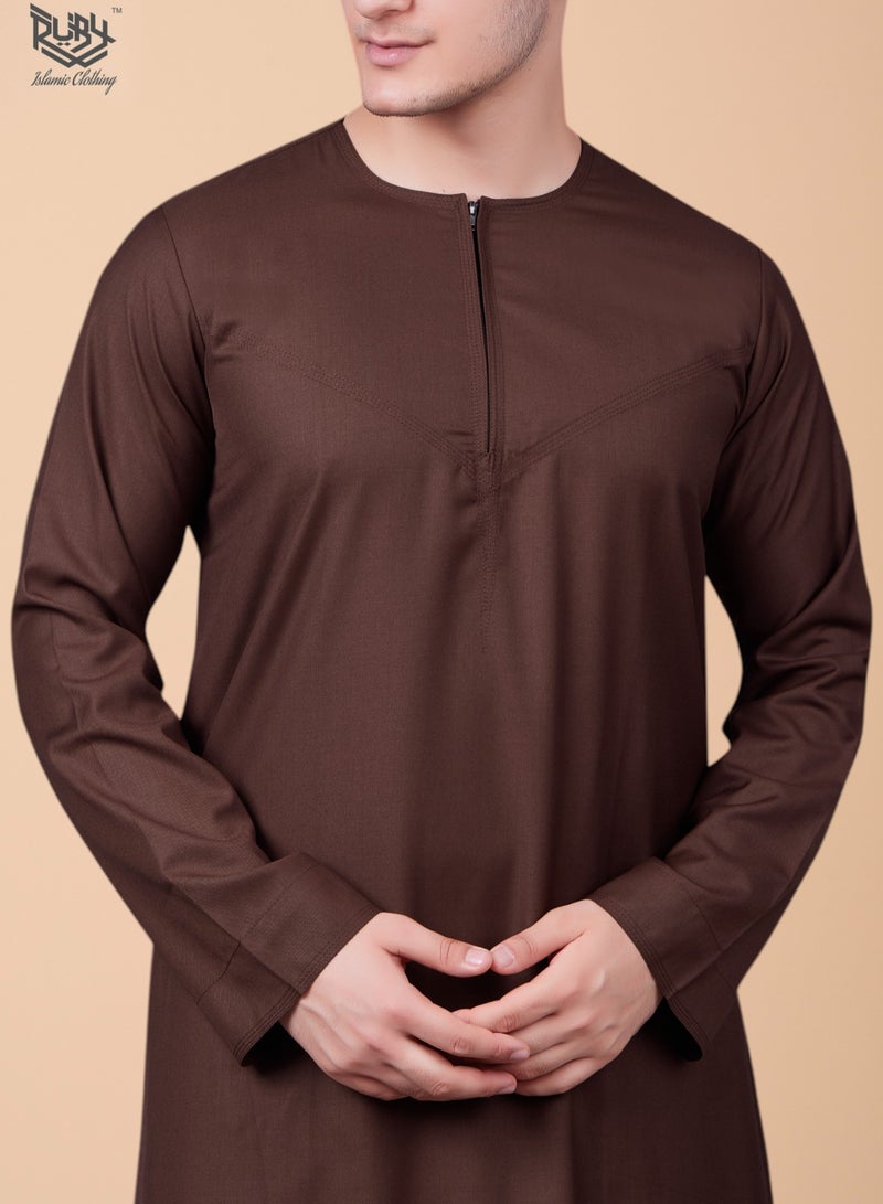 روبي للملابس الإسلامية كندورة إماراتية بني كلاسيكية ثوب جبّة دِشداشة بسحاب - Image 4