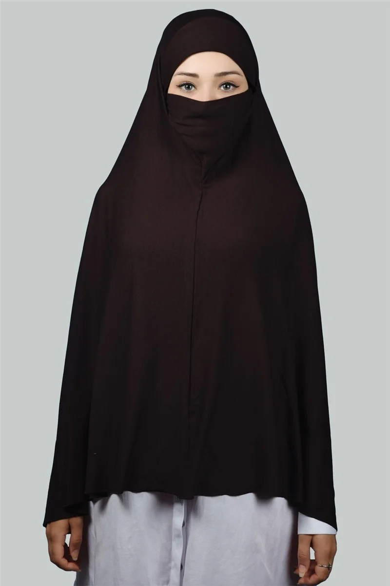 التوبة Ready-made Turban Practical Scarf with Veil Hijab with Nikap - Prayer Cover Soufflé (5Xl) - Dark Brown