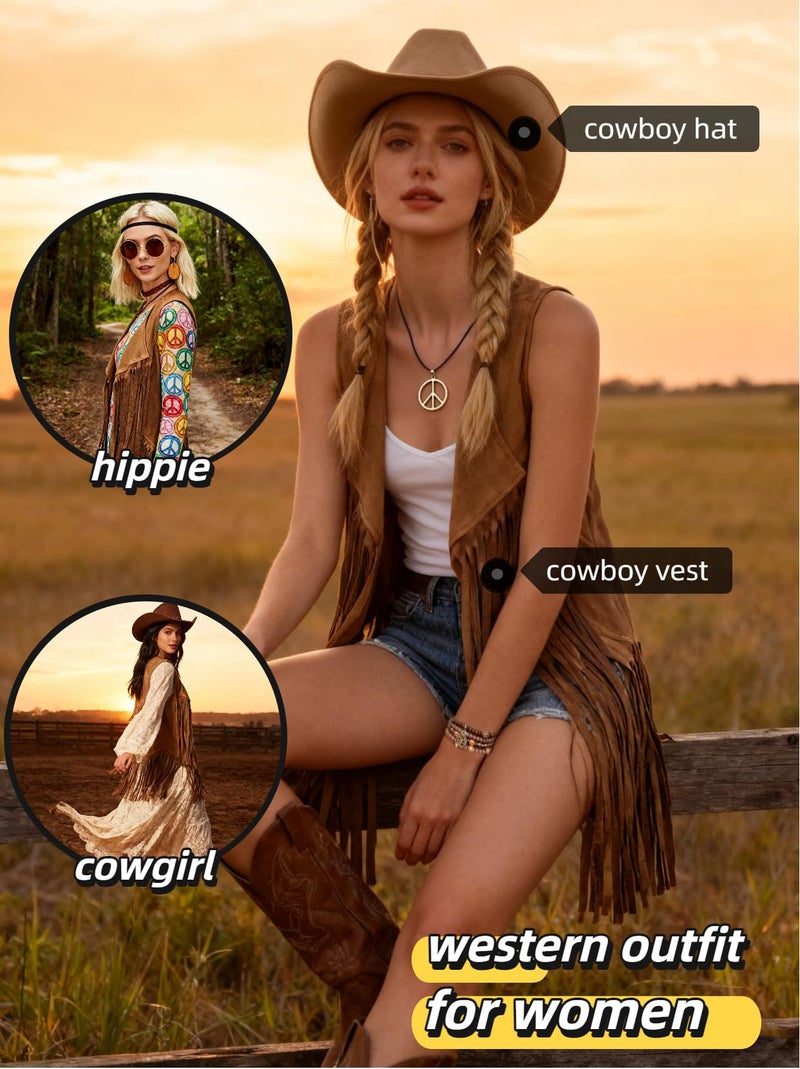 Verceco 6 PC Cowgirl Western Outfits for Women Retro Cowgirl Costumes Fringe Vest Cow Girl Hat for Women Country 70s Hippie Outits (Brown, M) - Image 2