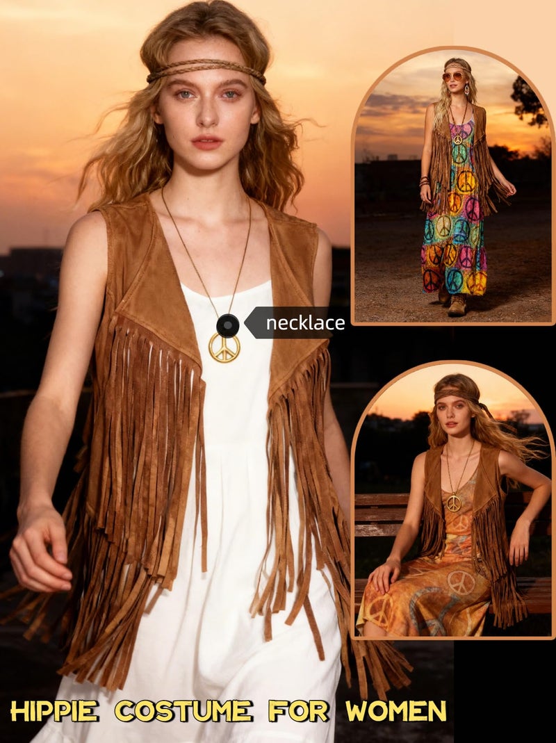 Verceco 6 PC Cowgirl Western Outfits for Women Retro Cowgirl Costumes Fringe Vest Cow Girl Hat for Women Country 70s Hippie Outits (Brown, M) - Image 4