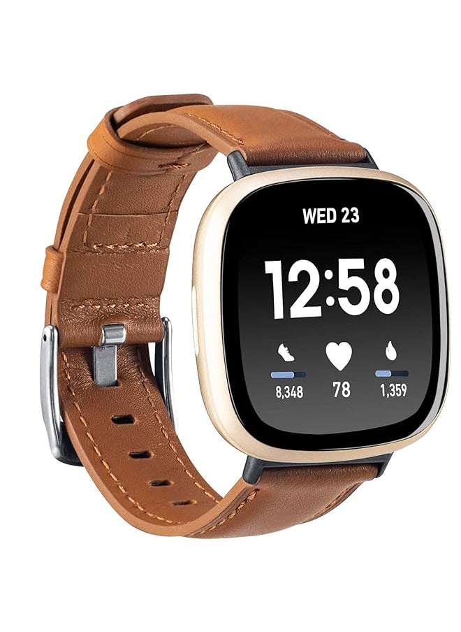 KASTWAVE Leather Bands Compatible With Fit For Fitbit Sense For Fitbit Versa 3 Soft Replacement Band For Women And Men Wristband Strap Accessories For Versa 3 For Versa Sense Smartwatch Brown  - Image 1