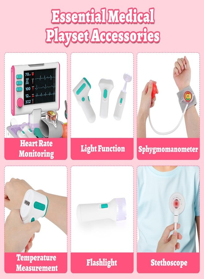 deAO طقم طبي deAO للأطفال من عمر 3-5 سنوات، مجموعة ألعاب تمثيل طبيب للأطفال مع عربة وبدلة وسماعة طبية وميزان حرارة، هدية عيد الهالوين أو عيد الميلاد للبنات والأولاد (وردي) - Image 4