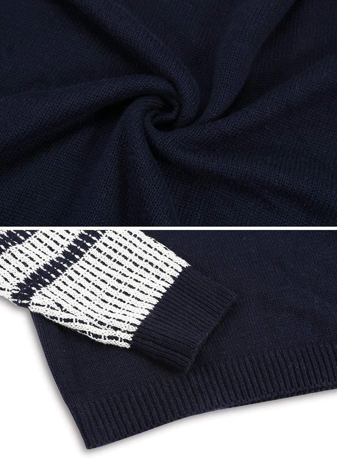 koitmy Women's Cute Contrast Sleeve Knitted Pullover Sweater, Navy, S - Image 4