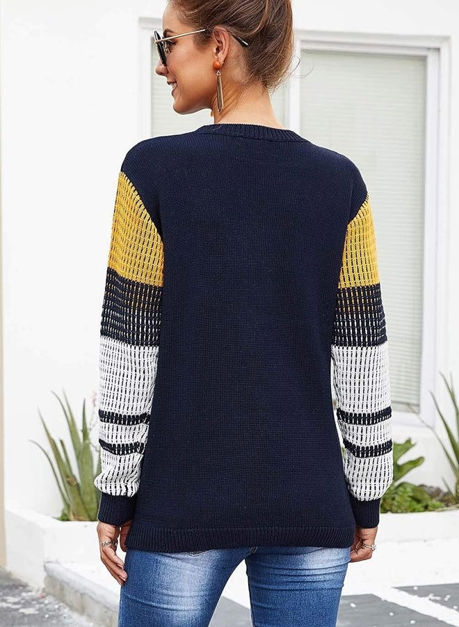 koitmy Women's Cute Contrast Sleeve Knitted Pullover Sweater, Navy, S - Image 2
